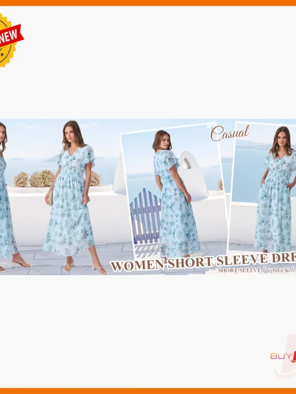 Summer Floral Maxi Dress V Neck Short Sleeve Chiffon Boho Beach Wedding Guest - Picture 7 of 7